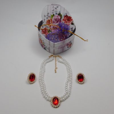 Set colier, cercei placat cu aur de 14K din perle artificiale cu imitație de pietre prețioase culoare rosu